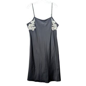 Natori Black Satin Chemise Slip Dress Size‎ XL Lace Trim Sleeveless Lingerie Y2K